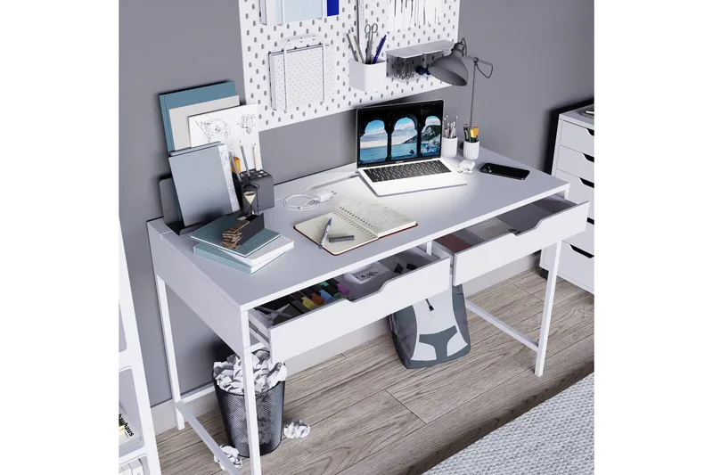Durusu Skrivebord 55x120 cm med Skuffer i Træ med Metalstel - Hvid - Møbler - Borde - Kontorbord - Skrivebord