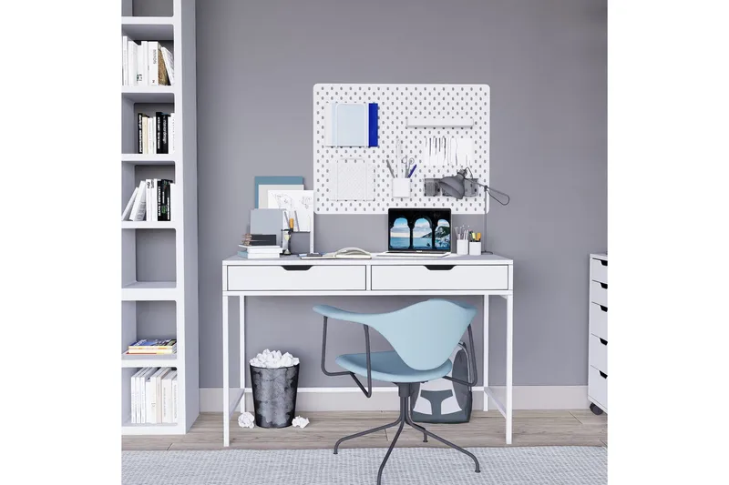 Durusu Skrivebord 55x120 cm med Skuffer i Træ med Metalstel - Hvid - Møbler - Borde - Kontorbord - Skrivebord
