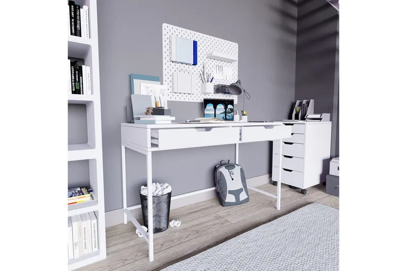 Durusu Skrivebord 55x120 cm med Skuffer i Træ med Metalstel - Hvid - Møbler - Borde - Kontorbord - Skrivebord