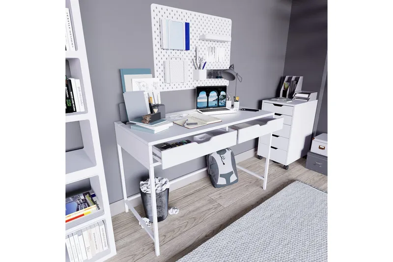 Durusu Skrivebord 55x120 cm med Skuffer i Træ med Metalstel - Hvid - Møbler - Borde - Kontorbord - Skrivebord
