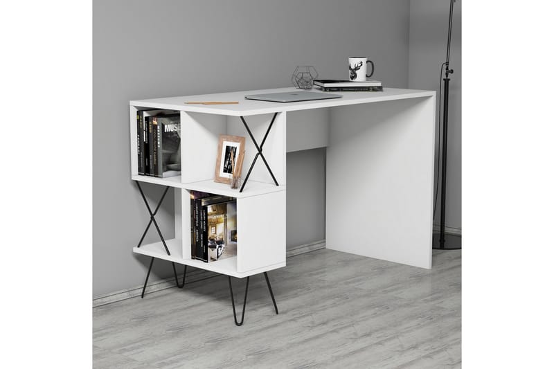 Hovdane Skrivebord 120 cm med Opbevaring Hylde + Bogreol - Hvid/Sort - Skrivebord
