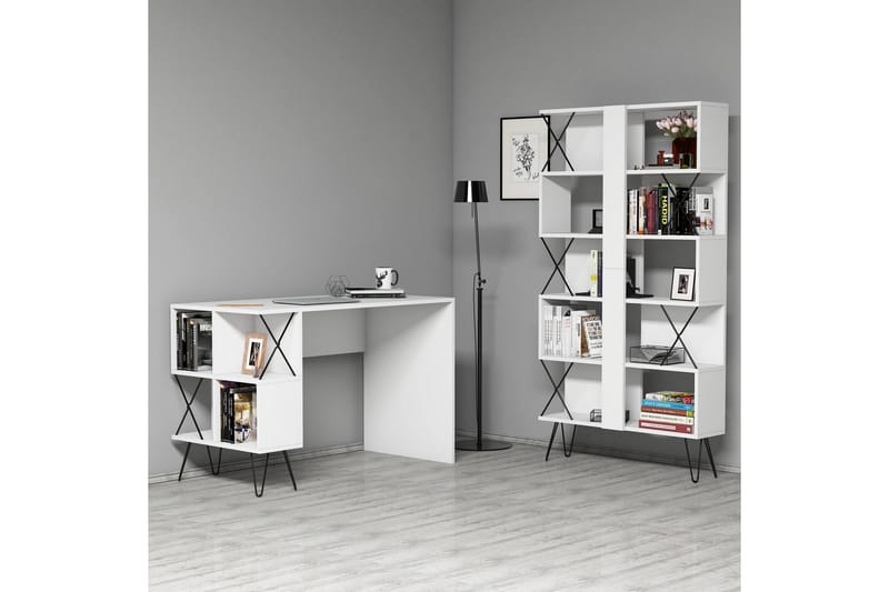 Hovdane Skrivebord 120 cm med Opbevaring Hylde + Bogreol - Hvid/Sort - Skrivebord
