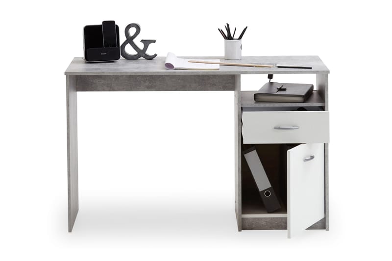 Jackson Skrivebord 123 cm med Opbevaring Skuffe + Skab + Hyl - Betongrå/Hvid - Skrivebord