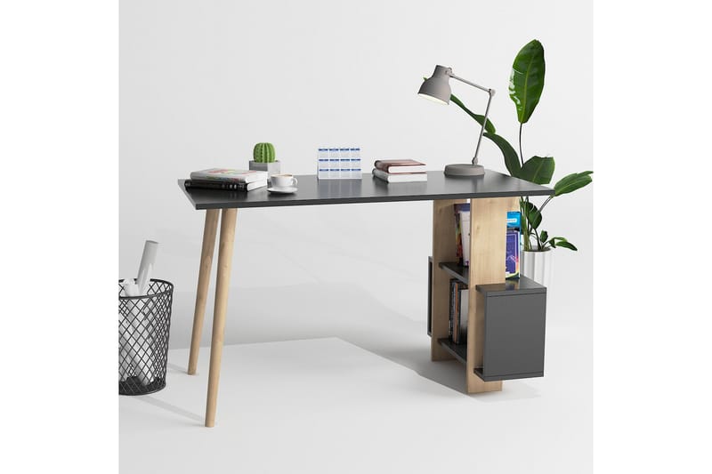 Keachi Side Skrivebord 120 cm med Opbevaring Hylder - Antracit/Natur/Brun - Skrivebord