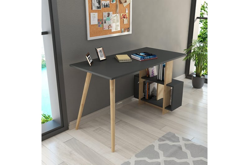Keachi Side Skrivebord 120 cm med Opbevaring Hylder - Antracit/Natur/Brun - Skrivebord