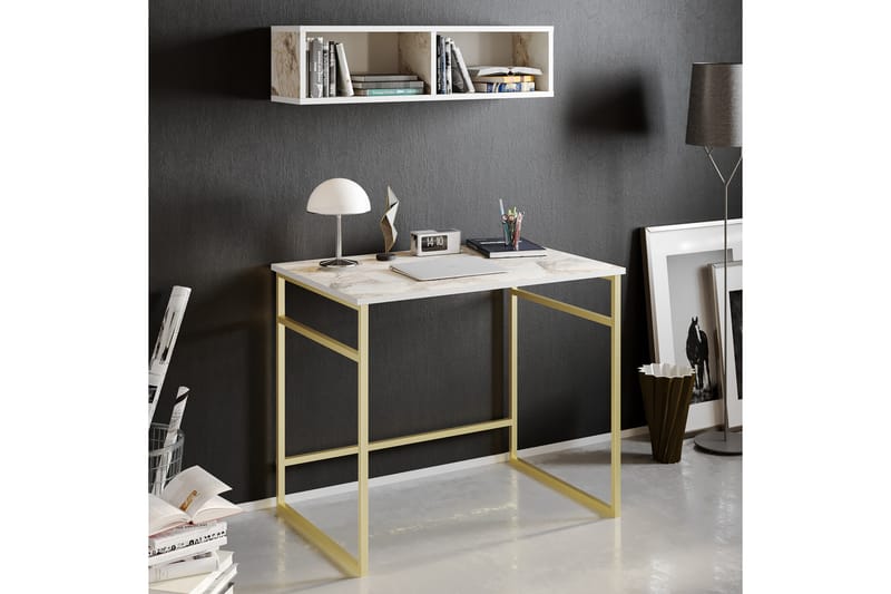 Klingbo Skrivebord 90 cm med Opbevaring Væghylde Marmormønst - Hvid - Skrivebord