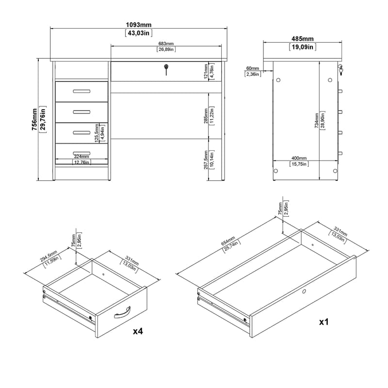 Klintberg Skrivebord med 5 skuffer 109x48x76 cm - Møbler - Borde - Kontorbord - Skrivebord