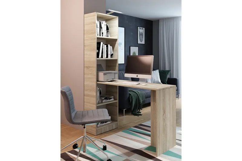 Kylien Skrivebord 125cm LED-belysning Opbevaring Bogreol Hvi - Egetræsfarvet - Møbler - Borde - Kontorbord - Skrivebord