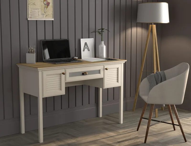 Nenora Skrivebord 132 cm - Creme, eg, grå - Møbler - Borde - Kontorbord - Skrivebord