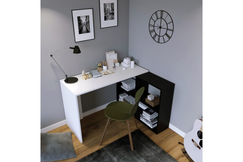 Akyurt Hjørnesskrivbord 120 cm med Opbevaring - Hvid/Sort - Skrivebord
