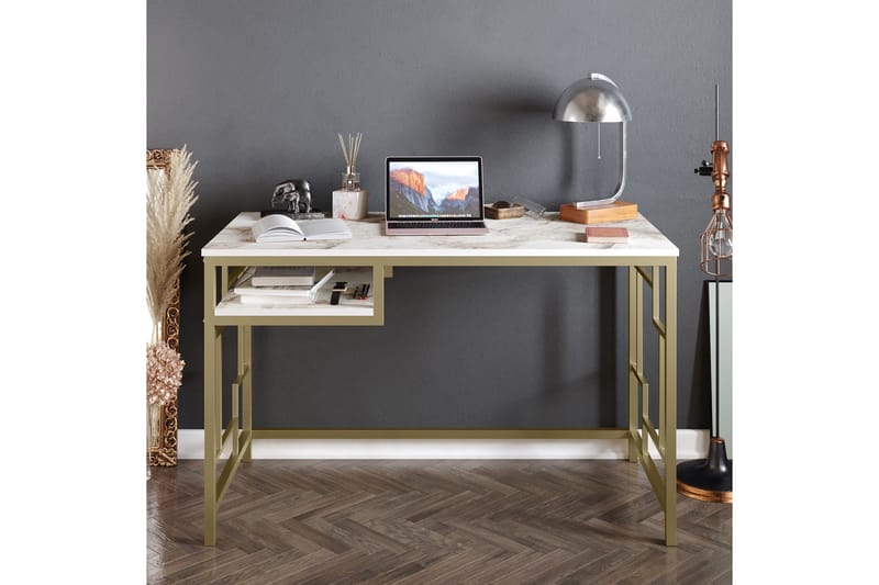Amsberg Skrivebord 120 cm med Opbevaring Hylde - Guld - Skrivebord