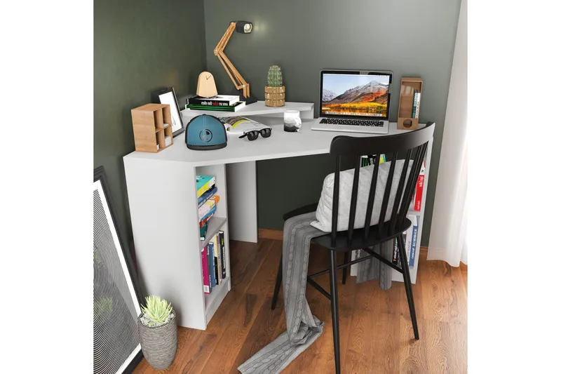 Andifli Skrivebord 90x76,8x120 cm med opbevaring - Hvid - Møbler - Borde - Kontorbord - Skrivebord - hjørneskrivebord