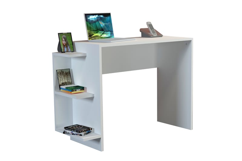 Asillane Skrivebord 104 cm med Opbevaring Sidohyllor - Hvid - Skrivebord