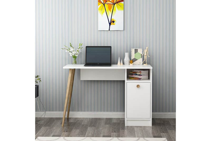 Bauksa Skrivebord 110 cm med Opbevaringshylde + Skab - Hvid - Møbler - Borde - Kontorbord - Skrivebord