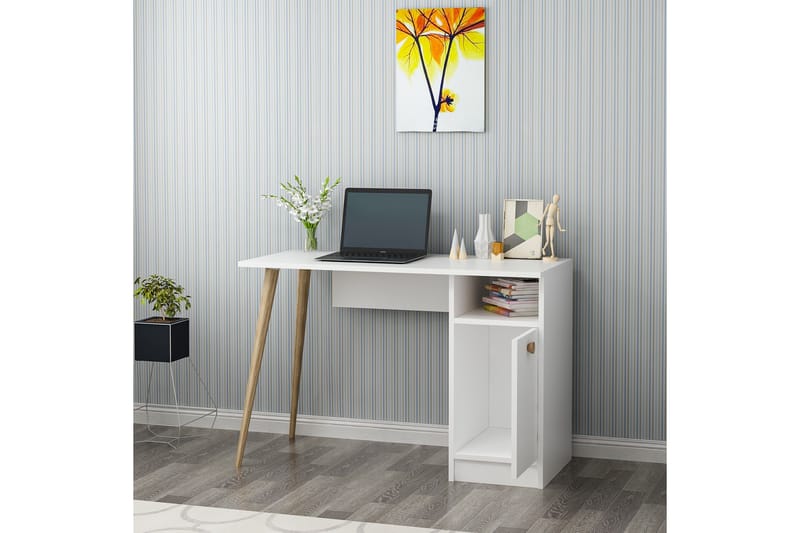 Bauksa Skrivebord 110 cm med Opbevaringshylde + Skab - Hvid - Skrivebord