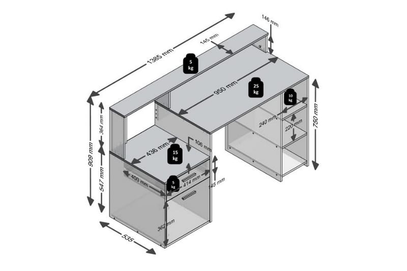 Bolton Skrivebord 139 cm med Opbevaring - Betongrå/Hvid - Skrivebord