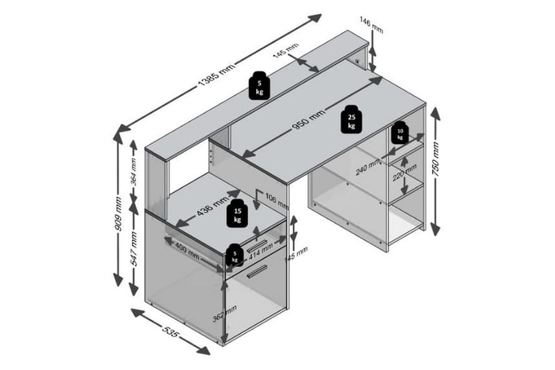 Bolton Skrivebord 139 cm med Opbevaring - Hvid/Eg - Møbler - Borde - Kontorbord - Skrivebord