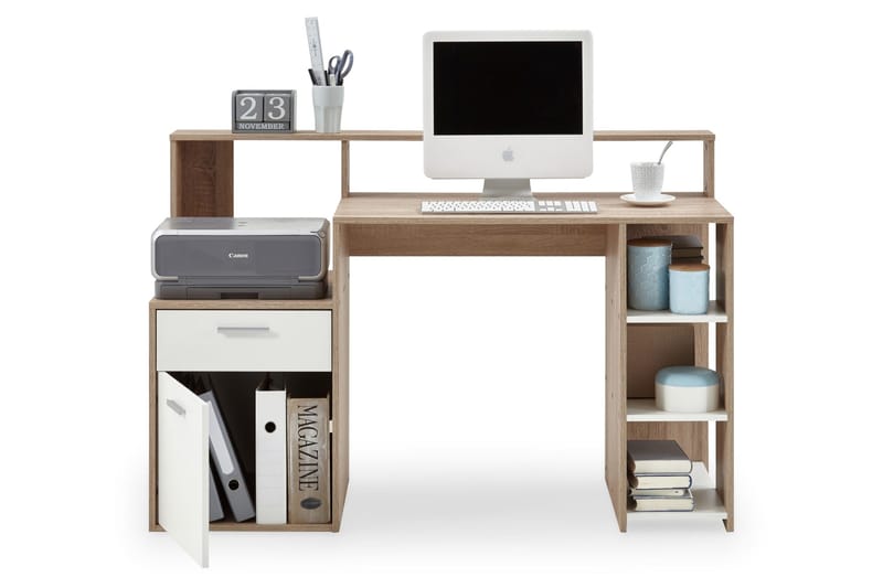 Bolton Skrivebord 139 cm med Opbevaring - Hvid/Eg - Møbler - Borde - Kontorbord - Skrivebord