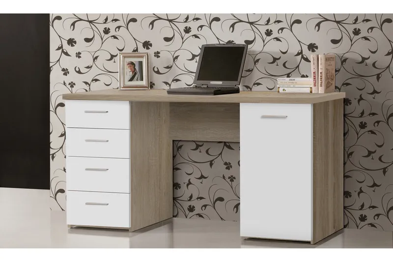 Bowlee Skrivebord 145 cm med Opbevaring 4 Skuffer + Skab, Brun/Hvid