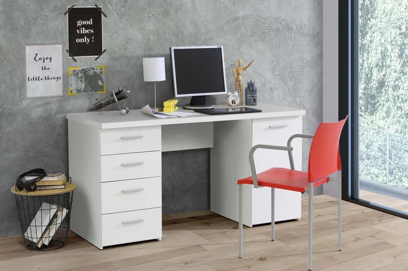 Bowlee Skrivebord 145 cm med Opbevaring Skab + 4 Skuffer + H - Hvid - Møbler - Borde - Kontorbord - Skrivebord