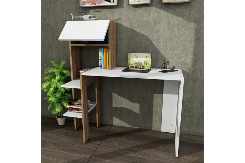 Bumine Skrivebord 114 cm med Opbevaring Hylder+Låger - Hvid/Valnøddebrun - Skrivebord