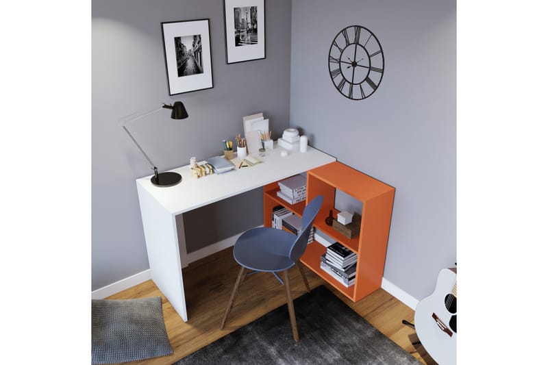 Cabeci Skrivebord 120 cm med Opbevaring Hylder - Hvid/Orange - Møbler - Borde - Kontorbord - Skrivebord