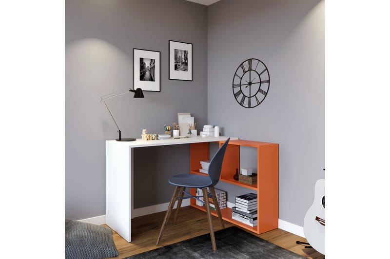 Cabeci Skrivebord 120 cm med Opbevaring Hylder - Hvid/Orange - Møbler - Borde - Kontorbord - Skrivebord