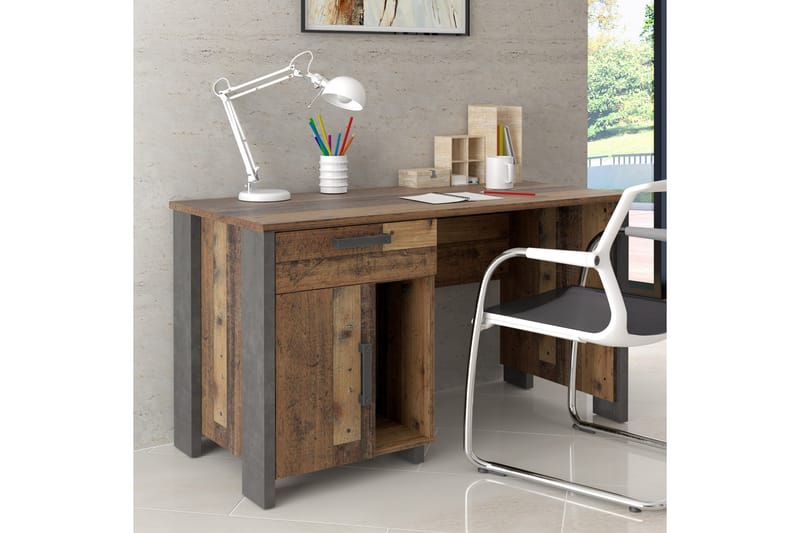 Cadle Skrivebord 127 cm med Opbevaring Skuffe + Skab - Brun/Grå - Møbler - Borde - Kontorbord - Skrivebord
