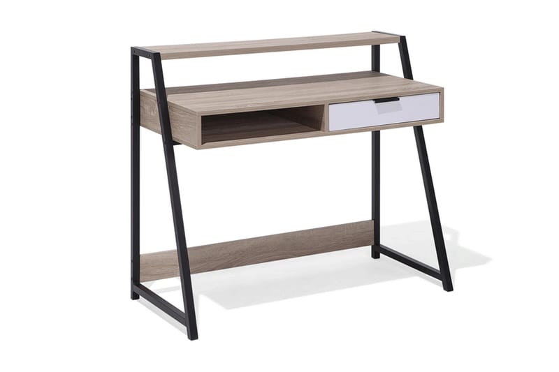 Calceta Skrivebord 100 cm med Opbevaring Skuffe + Hylde - Lysebrun/Hvid/Sort - Skrivebord