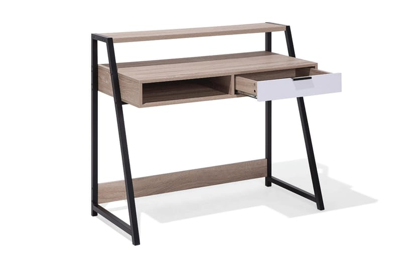 Calceta Skrivebord 100 cm med Opbevaring Skuffe + Hylde - Lysebrun/Hvid/Sort - Møbler - Borde - Kontorbord - Skrivebord