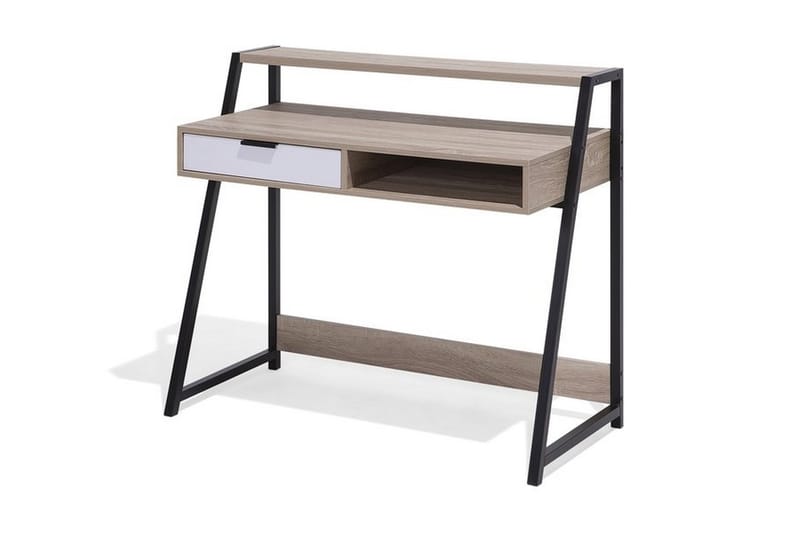 Calceta Skrivebord 100 cm med Opbevaring Skuffe + Hylde - Lysebrun/Hvid/Sort - Skrivebord