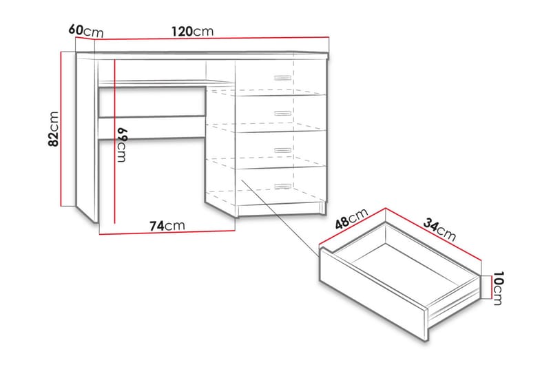 Castillia Skrivebord 120 cm med Opbevaring 4 Skuffer + Hylde - Lyse Ask - Møbler - Borde - Kontorbord - Skrivebord