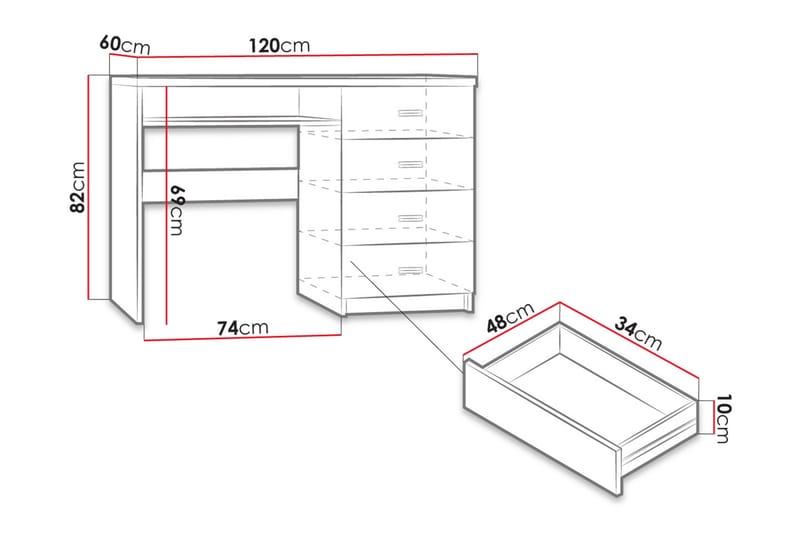 Castillia Skrivebord 120 cm med Opbevaring 4 Skuffer + Hylde - Mørke Ask - Skrivebord