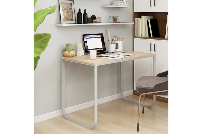 computerbord 110x60x73 cm spånplade hvid og egetræsfarvet - Brun - Møbler - Borde - Kontorbord - Skrivebord