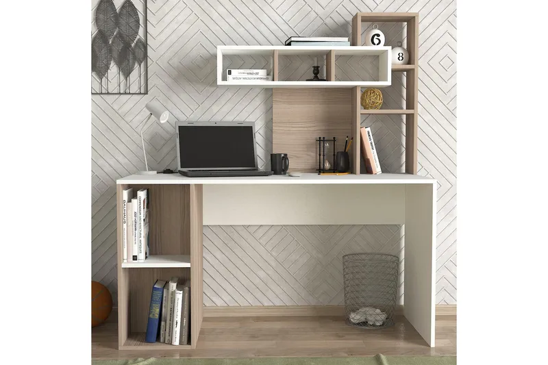 Coralle Skrivebord 140 cm med Opbevaring Hylder - Hvid/Natur - Møbler - Borde - Kontorbord - Skrivebord