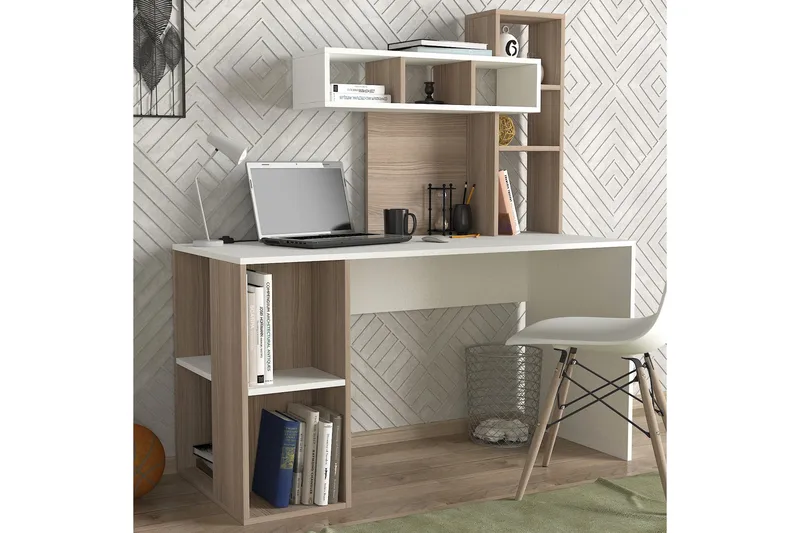 Coralle Skrivebord 140 cm med Opbevaring Hylder - Hvid/Natur - Møbler - Borde - Kontorbord - Skrivebord