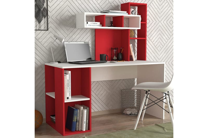Coralle Skrivebord 140 cm med Opbevaring Hylder - Hvid/Rød - Skrivebord