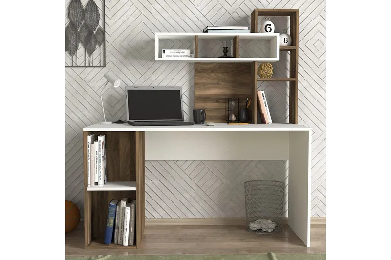 Coralle Skrivebord 140 cm med Opbevaring Hylder - Hvid/Valnøddebrun - Møbler - Borde - Kontorbord - Skrivebord