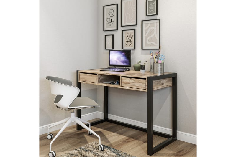 Corieon Skrivebord 115 cm med Opbevaring Skuffer + Hylde - Træ/Natur/Sort - Møbler - Borde - Kontorbord - Skrivebord