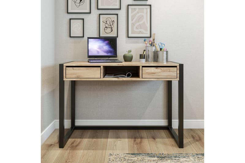 Corieon Skrivebord 115 cm med Opbevaring Skuffer + Hylde - Træ/Natur/Sort - Møbler - Borde - Kontorbord - Skrivebord