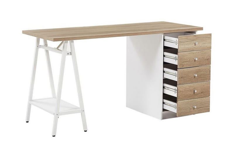 Dawber Skrivebord 140 cm med Opbevaring 5 Skuffer + Hylde - Lysebrun - Skrivebord