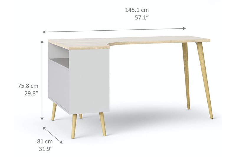 Delta Skrivebord 145 cm med Opbevaring Skuffer + Hylder - Hvid/Natur - Skrivebord