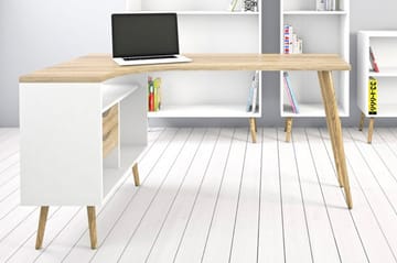 Delta skrivebord 145 cm med opbevaring skuffer + hylder - Hvid/natur - Møbler - Borde - Kontorbord - Skrivebord