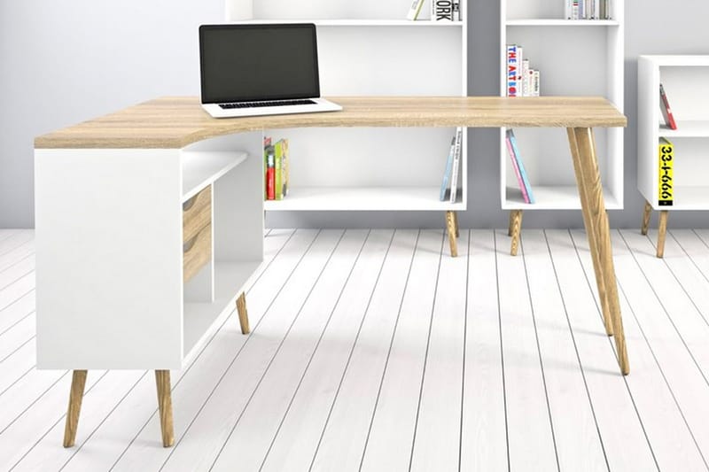 Delta skrivebord 145 cm med opbevaring skuffer + hylder - Hvid/natur - Møbler - Borde - Kontorbord - Skrivebord