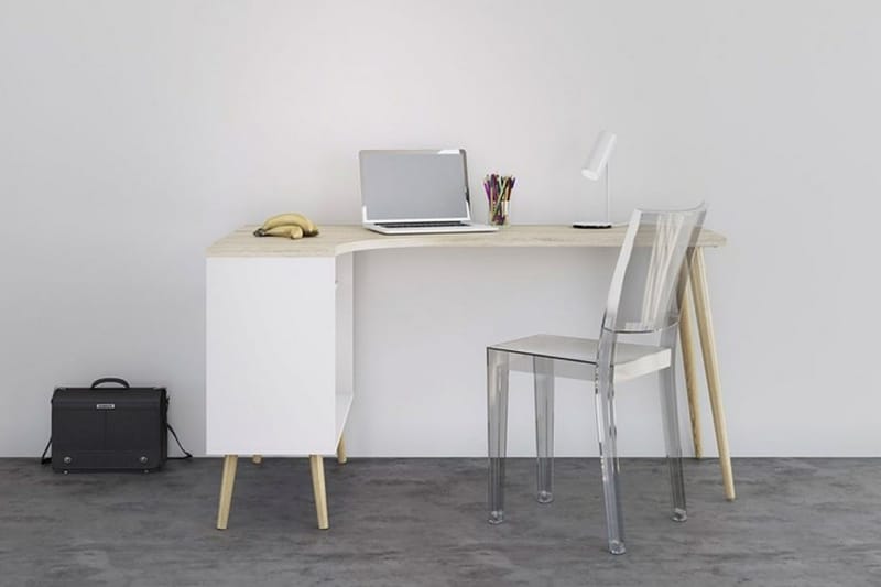 Delta skrivebord 145 cm med opbevaring skuffer + hylder - Hvid/natur - Møbler - Borde - Kontorbord - Skrivebord