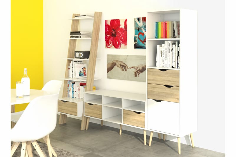 Delta Skrivebordshylde 65 cm med Opbevaring - Hvid/Egefarvet - Skrivebord