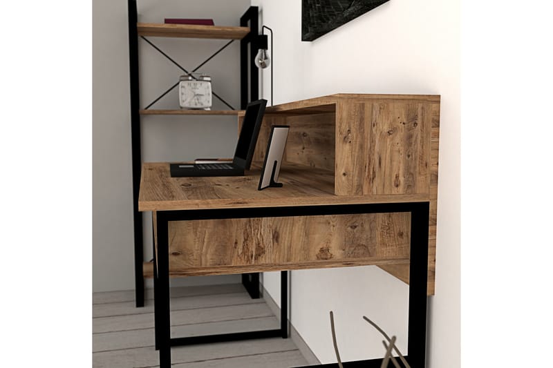 Dengeze Skrivebord 120 cm med Opbevaring 2 Hylder - Valnøddebrun/Sort - Skrivebord