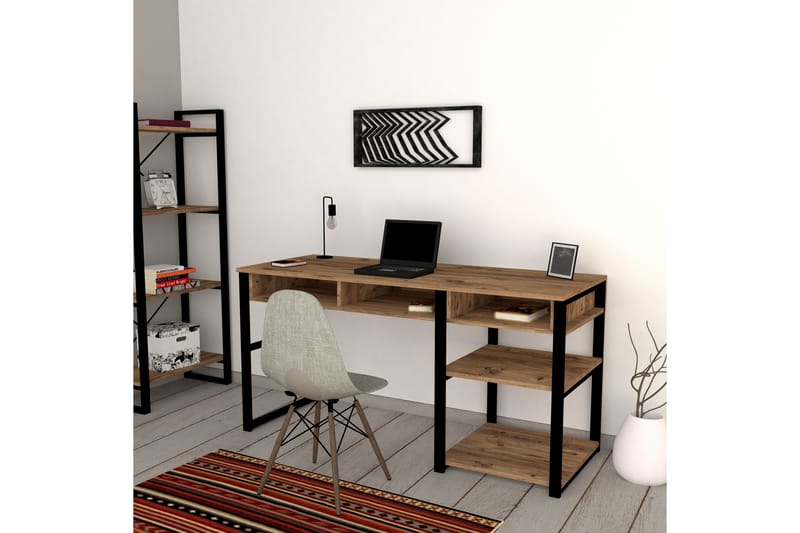 Dengeze Skrivebord 150 cm med Opbevaring 5 Hylder - Valnøddebrun/Sort - Skrivebord
