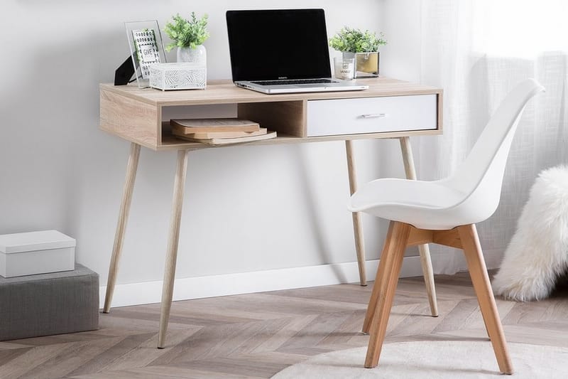 Deora Skrivebord 100 cm med Opbevaring Skuffe + Hylde - Lysebrun/Vi - Møbler - Borde - Kontorbord - Skrivebord
