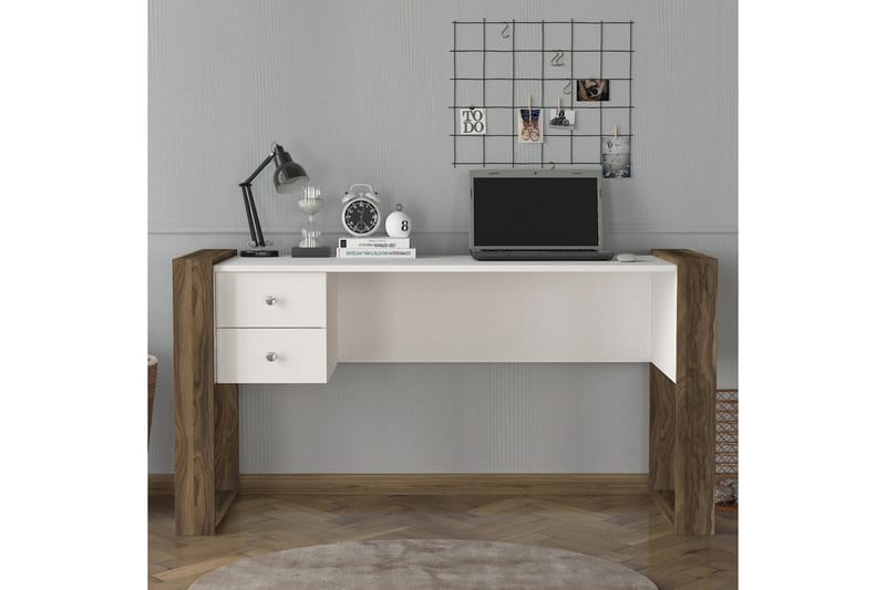 Dorlord Skrivebord 140 cm med Opbevaring Skuffer - Hvid/Valnøddebrun - Skrivebord